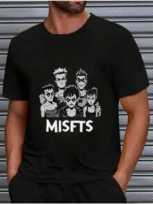 Round Neck Black T-Shirt With Misfits Anime Characters And Text For Casual Wear - 黑色 - 查看 10