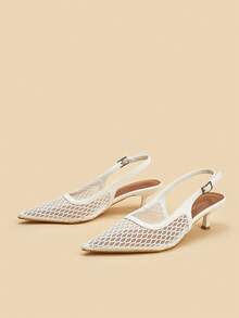 Pointed Toe Minimalist Mesh Breathable Buckle Office Stiletto High Heels - White - View 5