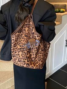 1个女士棕色豹纹休闲单肩包，复古大容量肩背手提水桶包，适合日常使用、购物、通勤、送礼 - 棕色 - 查看 6