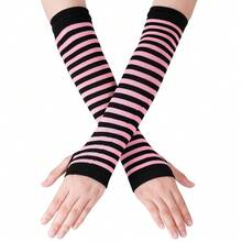 Nydotd Fingerless Long Sleeve Mittens Gloves Y2K Kawaii Japanese Harajuku Gothic Punk Knitted Striped Arm Warmer For Women,BlackLightPink - BlackLightPink - 查看 1