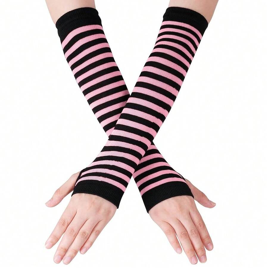 Nydotd Fingerless Long Sleeve Mittens Gloves Y2K Kawaii Japanese Harajuku Gothic Punk Knitted Striped Arm Warmer For Women,BlackLightPink - BlackLightPink - 查看 1
