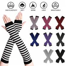 UTTPLL Womens Punk Gothic Long Arm Warmers Striped Fingerless Gloves Winter Knitted Stretchy Mittens Thumb Hole Wrist Warmer,OneSize,White - Trắng - Xem 5