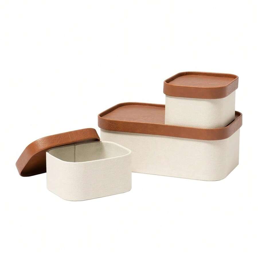 Beige Decorative Storage Boxes With Lids, Storage Baskets With Leather-Like Lids, Sturdy Stackable Paper Boxes Decorative Tray, Modern Basket Organizer Bins For Jewelry Shelve Bathroom Bedroom - Beige - View 1
