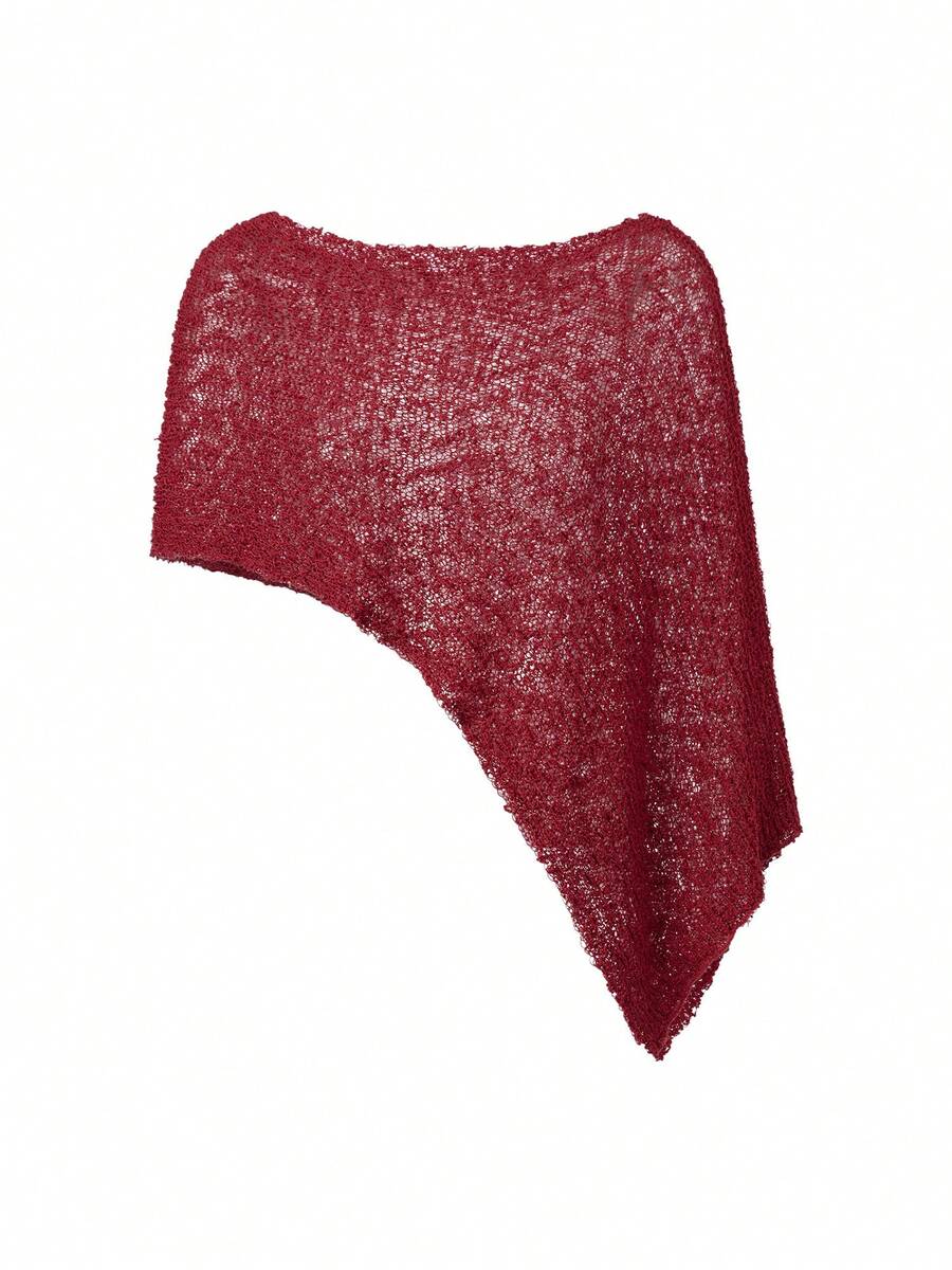 Women Knitted Poncho Loose See Through Boat Neck Off Shoulder Asymmetrical Crop Coverup Tops - 酒紅色 - 查看 1