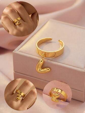 1ชิ้น แหวนทองตัวอักษร A-Z แบบเปิดปรับได้ สไตล์ฮิปฮอปยอดนิยม ฟองสบู่เรียบ เหมาะสำหรับเป็นของขวัญเครื่องประดับงานแต่งงานที่สวยงาม สำหรับผู้หญิงใส่ได้ทุกวัน ของขวัญวันเกิด