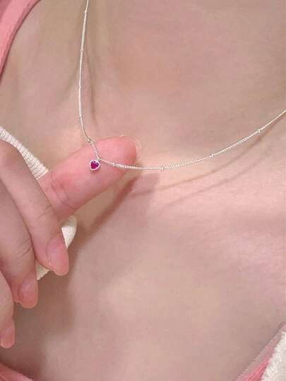 1pc Simple Yet Elegant Pink Heart Charm Pendant Necklace San Valentine's Day,Mom,Mother,Mother's Day,Gift High-Quality Sliver Color Chain Necklaces For Women