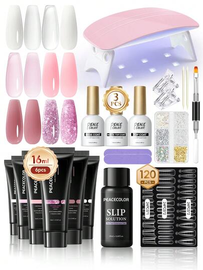 peacecolor 24pcs Nail Extension Gel Kit, Includes Nail Lamp, 16ml Clear & Pink Glitter Extension Gel, Slip Solution, Base Gel And Top Coat, Suitable For Women Nail Salon, New Year Nail Gift Nails