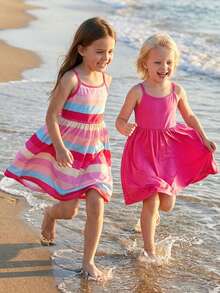 3pcs Girls Casual Dress Set, Comfortable Sleeveless Striped Dress, Versatile Beach/Holiday Style - Hot Pink - View 4