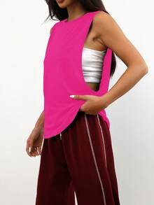 1pc Loose Fit Comfortable Solid Color Sleeveless Pullover Casual Sportswear For Daily, Running, Fitness, Spring/Summer - Hot Pink - View 5