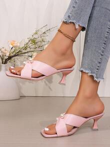 Sandálias com Tiras e Salto Médio Estilo Francês Elegante, Uso Externo de Verão para Mulheres com Vestidos - Rosa chiclete - Visão 8