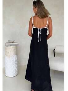 MODA MO, REF H955 Women's Long Dress, Suspender Style, Adjustable Straps, Cotton And Linen, Color Contrast, Casual Dress, Elegant Look, Women's Fashion, Long Skirt, Dress With Straps, Adjustable Straps, Modern Look, Comfortable Fashion, Versatile Style, Summer Dress, Flowing Drape, Lightweight Look, Dress With Personality, Quality Women's Dress, Soft Touch, Modern Design, Practical Piece, Everyday Wear, Relaxed Look, Dress With Perfect Fit, Natural Fabric, Simple Elegance. - 黑色的 - 查看 2