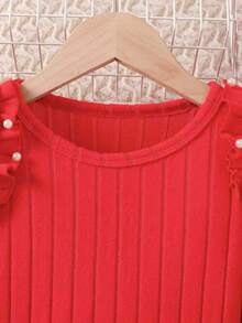 Girls' Outfit, Beaded Ruffle Trim Round Neck Long Sleeve Top + Elegant 3D Bow PU Leather Skirt Fashion Set, Suitable For Autumn Daily Wear, Birthday Party, Family Outing - Red - View 9