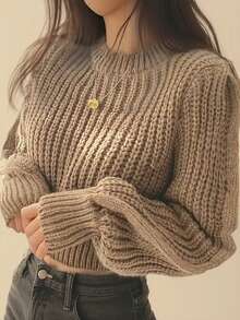 优雅针织毛衣 - 舒适长袖插肩圆领上衣，百搭时尚女式套头衫 - 卡其色 - 查看 3