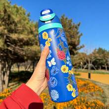 Owal'o 32oz  Stainless Steel Insulated Water Bottle - Keeps Beverages Hot Or Cold For Extended Periods, Available In Various Floral Designs, Features A Pop-Up Lid, Carrying Handle, And Straw, Perfect For Outdoor Activities, Car Use, Sports, And As A Gift. - 藍色 - 查看 4