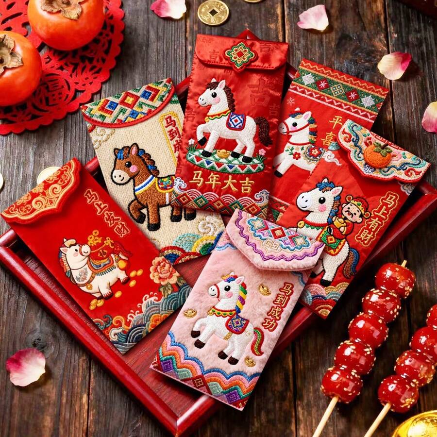 6pcs 2026 Horse Year Spring Festival Creative Embroidered 3D Style Personalized Red Envelopes Chinese New Year Lucky Money Packets For Holiday Celebrations Gifts - 彩色 - 查看 1