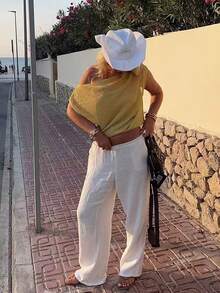 New Summer Women's Gold Cold-Shoulder Top, Sexy Sheer Soft Stretchy Metallic Fabric - Gold - View 3