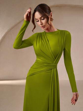 Women's Elegant & Gentle Round Neck Long Evening Dress - With Tie Waist Belt, Suitable For Party Dress, Formal Dinner, And Romantic Valentine's Day/New Year Wear