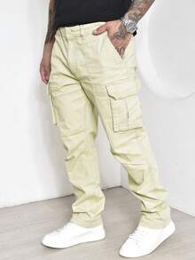 Men's Casual Cargo Pants With Multi-Pocket Design And Elastane - 芥末黃 - 查看 1