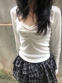 柔软甜美奶油色圆领褶裥长袖T恤，韩版 - 白色 - 查看 7