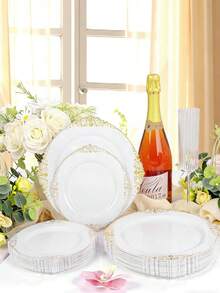 一套白色餐具，带金色镶边，包括 7.5 英寸甜点盘和 10.25 英寸餐盘，易于清洁和重复使用，非常适合圣诞节、婚礼、生日、新娘送礼会、派对、烧烤、万圣节、感恩节等场合。 - 彩色 - 查看 2