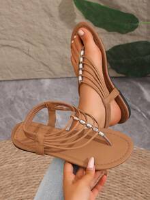 Dép xăng đan đế bằng đính hạt thủ công màu trơn mới dành cho nữ mùa hè, kiểu dáng Bohemian, thời trang thường ngày, đa năng, thích hợp cho kỳ nghỉ, dép xỏ ngón. - màu nâu - Xem 6