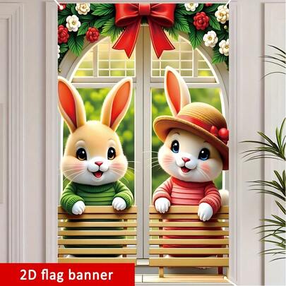 1pc 2D Flag Banner | Easter Window Decor, Polyester Material, Multipurpose Decoration With Rabbit Climbing Pattern, Suitable For Spring, Holidays, Weddings, Garden Parties