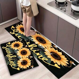 Sunflower 'You Are My Sunshine' Yellow Bees Heart-Shaped Black Rectangular Kitchen Rug - Perfect For White Cabinets & Wooden Countertops, Non-Slip Tiled Floor Decor, Ideal For Kitchen & Dining