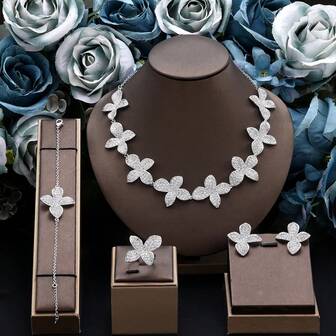 Conjunto de joyas de moda con circonita cúbica para mujeres, incluye collar con borla, aretes colgantes y set de 4 piezas para boda y fiesta nupcial