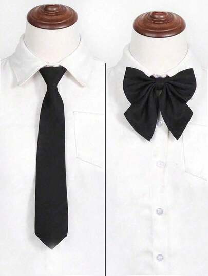 2-In-1 Children Navy Satin Bow Tie And Tie Set, Suitable For School Uniform, Shirt, Graduation Ceremony And Performance