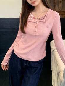 女士纽扣半开襟花卉刺绣罗纹休闲沙滩上衣 - 粉色 - 查看 5