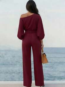 Women's Elegant Burgundy 2 Pieces Set: Asymmetrical Top Paired With Suit Pants, Suitable For Daily Wear, Office, And Halloween In Autumn