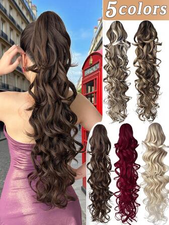 Accesorio para el cabello en forma de garra para coleta, de fibra sintética resistente al calor, de 28 pulgadas de largo y ondulado, en colores marrón, dorado, burdeos y multicolor, adecuado para Navidad, Halloween, festivales de música, fiestas y uso diario de mujeres