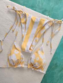 Women's Swimsuit Bikini, Cute Bohemian Style Shallow Yellow Hibiscus Flower Print Spaghetti Strap Swimsuit With Boyshort Bottoms, Suitable For Vacation, Beach, Pool And Sports Wear, Autumn/Winter, Valentine's Day, Spring/Summer 2026 New Arrival - Yellowish-white - View 7