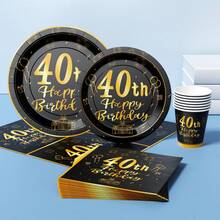 40th Birthday Black & Gold Disposable Plate, Napkin, Cup Set, Serves 8 Guests, Suitable For Birthday, Wedding, Party, Family Picnic - Multicolor - View 3