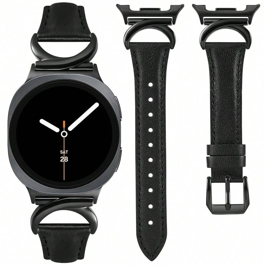 Minyee Leather Band Compatible With Samsung Galaxy Watch 8 40mm 44mm/ 8 Classic 46mm Bands, No Gap One-Click Slim Thin Dressy Leather Strap With C-Shape Metal Buckle Women, NOT For Other Models,Black/Black - 黑/黑 - 查看 1