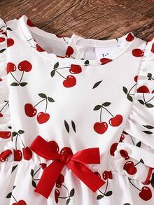2pcs Baby Girl White Cherry Print Sleeveless Bodysuit & Hat Set, Spring/Summer - White - View 5