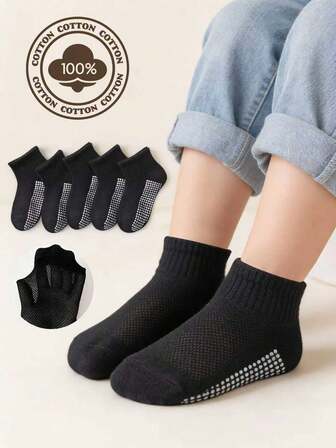 5 par svarta bomullsstrumpor, elastiska sportstrumpor som andas till mitten av vaden för studenter