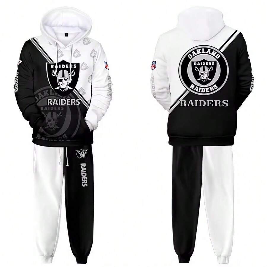 Las-Vegas-Raid-Ers Men'S Stylish 3D Lion Print 2pcs Athletic Wear Set - Long Sleeve Hoodie & Joggers, Casual Outdoor & Gym Wear For Spring/Fall, Football Team Pattern Design, Comfortable & Breathable Fabric, Perfect For Comfortable Fit - 彩色 - 查看 1