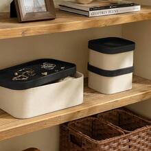 LA JOLIE MUSE Fluted Cardboard Storage Baskets With Leather-Like Lids, Sturdy Stackable Paper Boxes Decorative Tray, Black & Beige, Set Of 3 - Beige & Black - View 5