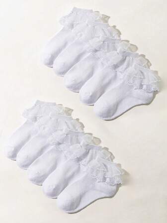 5/10 คู่ ถุงเท้าเด็กผู้หญิง/เด็กผู้ชาย ฤดูใบไม้ผลิ/ฤดูร้อน สีพื้นเรียบง่าย สไตล์เจ้าหญิง ถุงเท้าระบายลูกไม้ Kawaii นุ่มสบาย เหมาะสำหรับวันหยุดBack To School ท่องเที่ยว ใส่เข้าชุดประจำวันกับชุดเจ้าหญิง