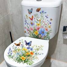 2pcs Watercolor Wild Flower & Butterfly Toilet Decoration Stickers, Waterproof Self-Adhesive Toilet Tank & Lid Cover Set, Fresh Pastoral Style - Multicolor - View 1