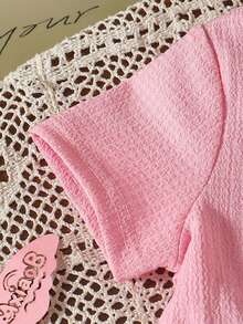 2pcs Girls Toddler Casual Bow Decor Soft Knitted Jacquard Short Sleeve Top And Flare Pants Set, Suitable For Outdoor Wear, Spring/Summer - Pink - View 5
