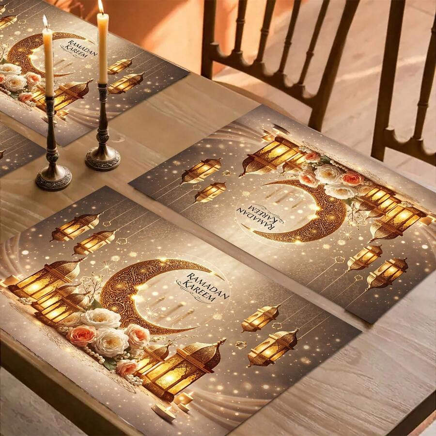 1set/1pc/4pcs/6pcs Ramadan Lantern And Moon, Flowers Pattern Placemat, Machine Washable Polyester Table Mats, Protected Tabletop, Heat Resistant, Dirty And Easy To Clean Placemats, Table Decoration, HolidayParty Layout, Desktop Protection, Can Be Used As Gifts,12x18 Inch - Multicolor - View 1