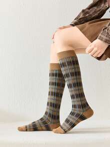 1pair Plaid Long Socks Women Stockings Women Harajuku Retro Vintage Stocking Women Stockings College Style Knee Socks - Multicolor - View 5