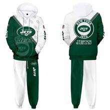 New-York-Jets Men'S Stylish 3D Lion Print 2pcs Athletic Wear Set - Long Sleeve Hoodie & Joggers, Casual Outdoor & Gym Wear For Spring/Fall, Football Team Pattern Design, Comfortable & Breathable Fabric, Perfect For Comfortable Fit - 彩色 - 查看 1