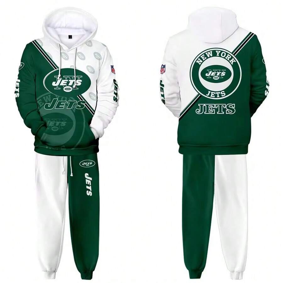 New-York-Jets Men'S Stylish 3D Lion Print 2pcs Athletic Wear Set - Long Sleeve Hoodie & Joggers, Casual Outdoor & Gym Wear For Spring/Fall, Football Team Pattern Design, Comfortable & Breathable Fabric, Perfect For Comfortable Fit - 彩色 - 查看 1