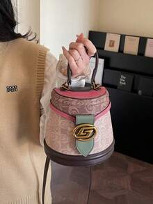 2026 New Printed Bucket Bag, Unique Design Half-Round Handbag, Women's Fashion Color Block Shoulder Bag, Classic Lightweight Luxury Crossbody Bag - 玫紅色 - 查看 11