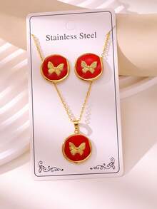 VJS 1 Set 304 Stainless Steel 18K Gold Plated Three-Color Round Butterfly Earrings & Necklace Set, Low Allergy, Rust-Resistant, Cute Accessories - Butterfly - View 5