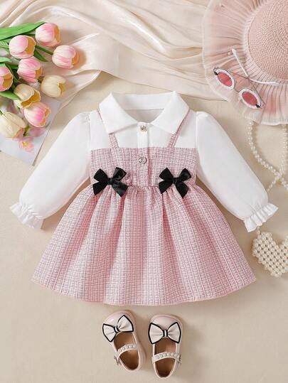 Baby Girls' Cute Minimalist Lapel Long Sleeve Ruffle Cuff Double Bow A-Line Button Half-Placket Dress, Pink, Fashion Versatile Outfit For Infant Girls, Suitable For Valentine's Day, Everyday, Parties, Outings, Spring & Autumn