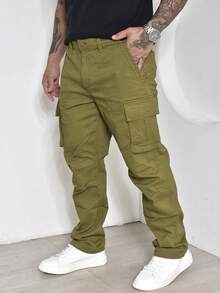 Men's Casual Cargo Pants With Multi-Pocket Design And Elastane - Olive Green - View 1